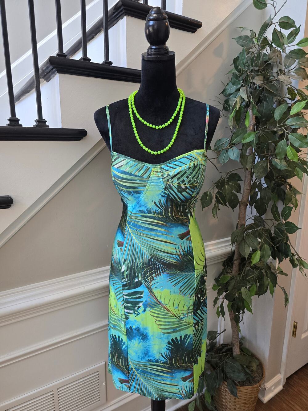 Merci Bodycon Dress Womens Large Multicolor Tropical Palm Padded Spaghetti Strap